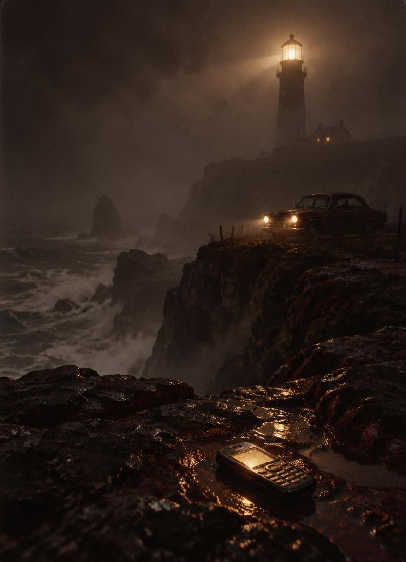 Portada de La última llamada: un faro en la niebla y un teléfono sobre las rocas